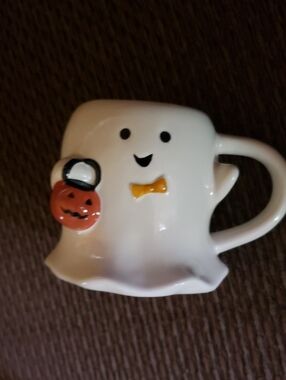 White Ghost Ceramic Halloween Mug with Orange Pumpkin Accent